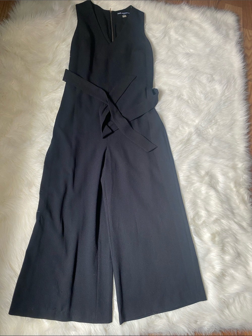 Karl Lagerfeld Black Sleeveless Wide-Leg Jumpsuit with Waist Tie